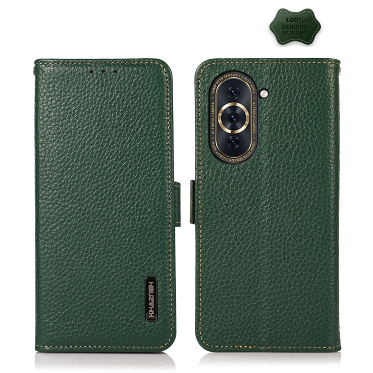 For Huawei Nova 10 KHAZNEH Side-Magnetic Litchi Genuine Leather RFID Phone Case(Green) - Huawei Cases by buy2fix | Online Shopping UK | buy2fix