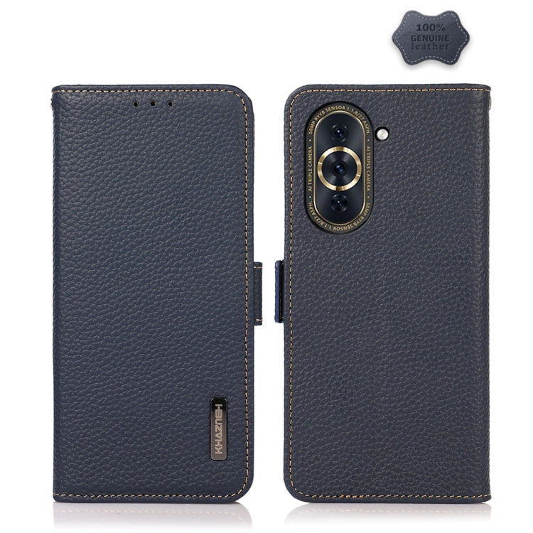 For Huawei Nova 10 KHAZNEH Side-Magnetic Litchi Genuine Leather RFID Phone Case(Blue) - Huawei Cases by buy2fix | Online Shopping UK | buy2fix