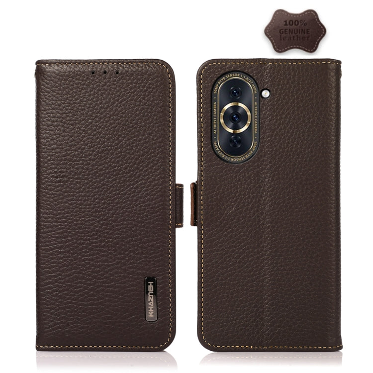 For Huawei Nova 10 Pro KHAZNEH Side-Magnetic Litchi Genuine Leather RFID Phone Case(Brown) - Huawei Cases by buy2fix | Online Shopping UK | buy2fix