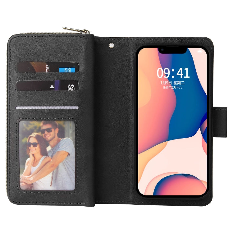 For iPhone 14 Plus 9 Card Slots Zipper Wallet Bag Leather Phone Case (Black) - iPhone 14 Plus Cases by buy2fix | Online Shopping UK | buy2fix