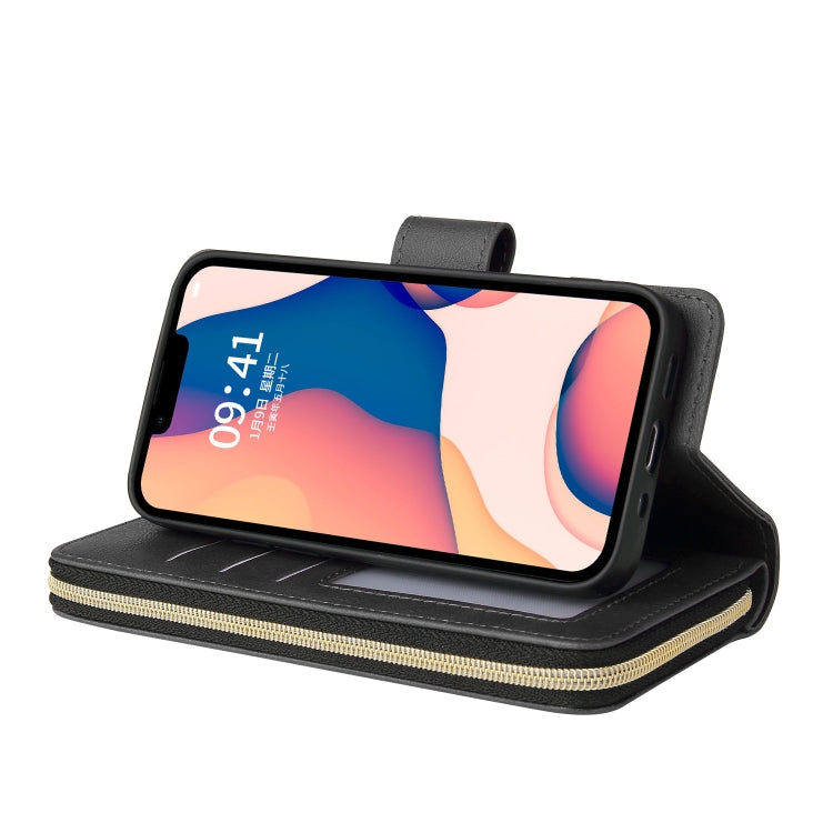 For iPhone 14 Plus 9 Card Slots Zipper Wallet Bag Leather Phone Case (Black) - iPhone 14 Plus Cases by buy2fix | Online Shopping UK | buy2fix