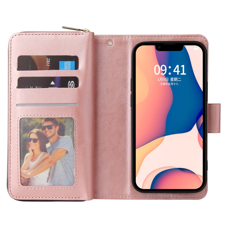 For iPhone 14 Plus 9 Card Slots Zipper Wallet Bag Leather Phone Case (Rose Gold) - iPhone 14 Plus Cases by buy2fix | Online Shopping UK | buy2fix