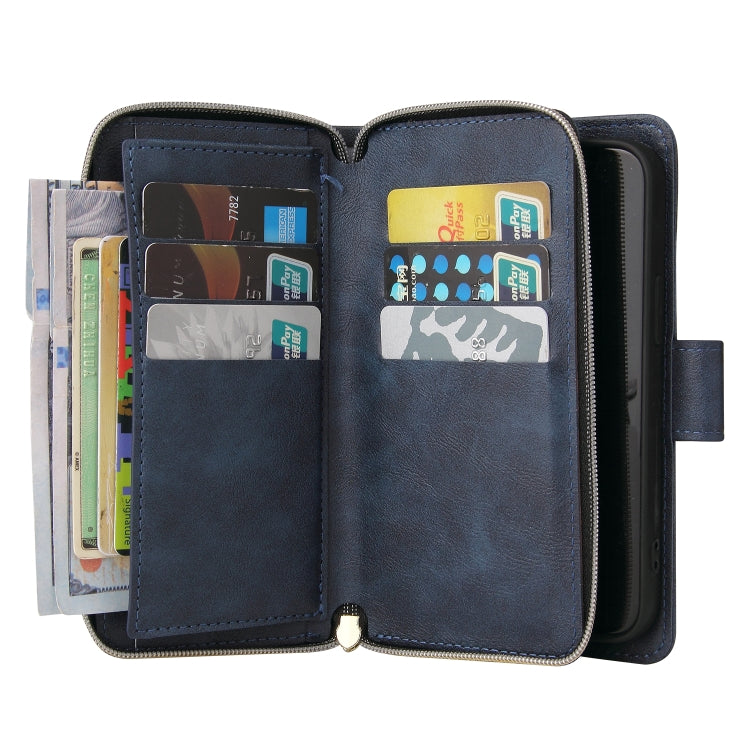 For iPhone 14 Plus 9 Card Slots Zipper Wallet Bag Leather Phone Case (Blue) - iPhone 14 Plus Cases by buy2fix | Online Shopping UK | buy2fix