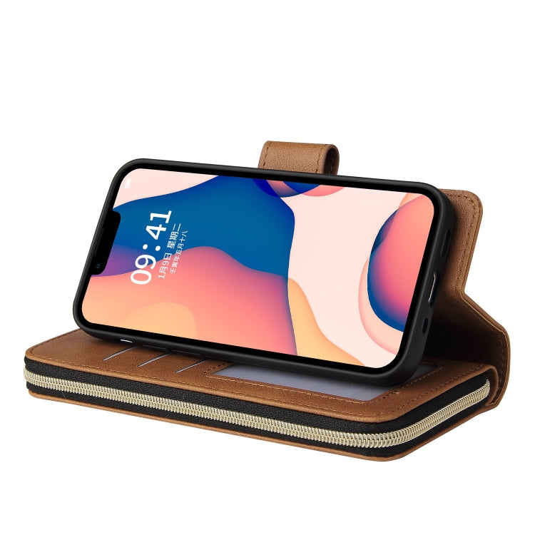 For iPhone 14 Plus 9 Card Slots Zipper Wallet Bag Leather Phone Case (Brown) - iPhone 14 Plus Cases by buy2fix | Online Shopping UK | buy2fix