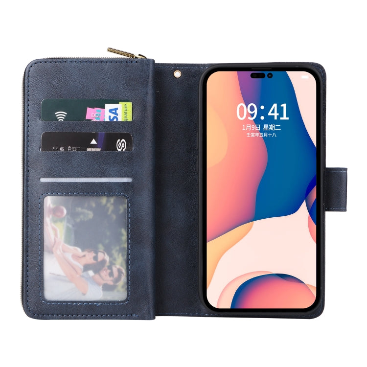 For iPhone 14 Pro Max 9 Card Slots Zipper Wallet Bag Leather Phone Case (Blue) - iPhone 14 Pro Max Cases by buy2fix | Online Shopping UK | buy2fix