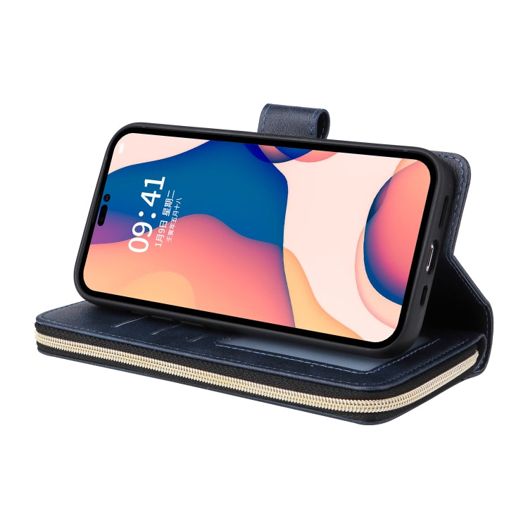 For iPhone 14 Pro Max 9 Card Slots Zipper Wallet Bag Leather Phone Case (Blue) - iPhone 14 Pro Max Cases by buy2fix | Online Shopping UK | buy2fix