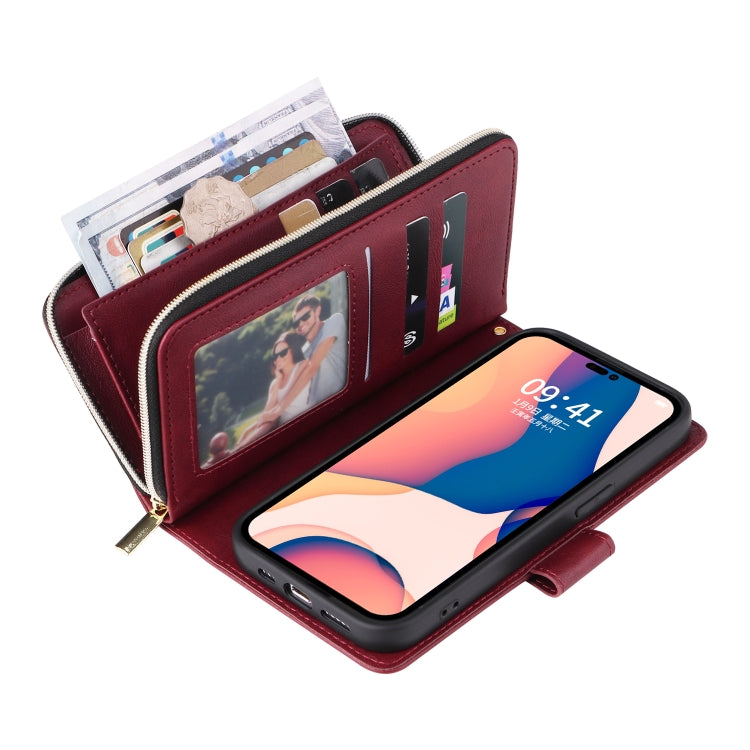 For iPhone 14 Pro Max 9 Card Slots Zipper Wallet Bag Leather Phone Case (Wine Red) - iPhone 14 Pro Max Cases by buy2fix | Online Shopping UK | buy2fix