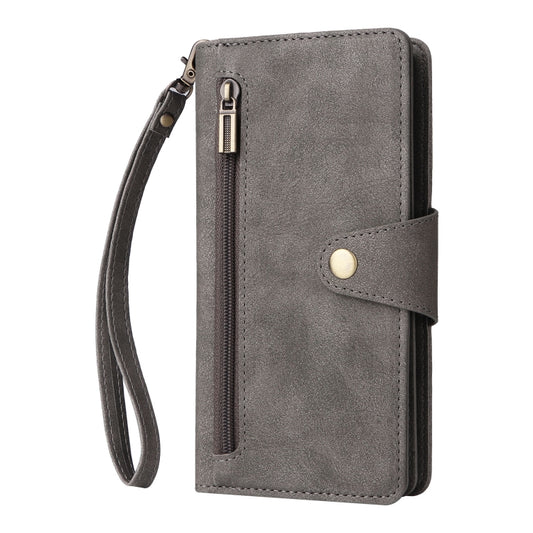 For Google Pixel 6a Rivet Buckle 9 Cards Three Fold Leather Phone Case(Grey) by buy2fix