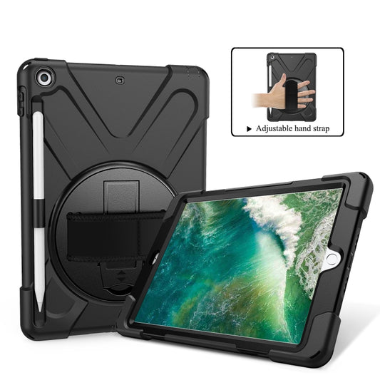 For iPad 9.7 (2018) & (2017) 360 Degree Rotation Silicone Protective Cover with Holder & Hand Strap & Long Strap & Pencil Slot(Black) - iPad 9.7 (2018) & (2017) Cases by buy2fix | Online Shopping UK | buy2fix