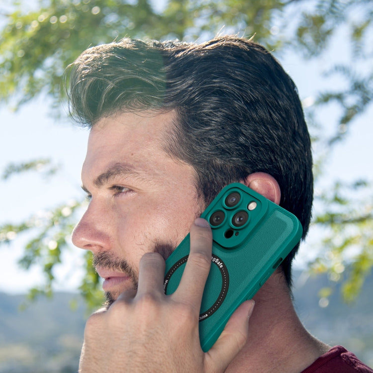 For iPhone 12 Magsafe Magnetic Plain Leather Phone Case(Dark Green) by buy2fix