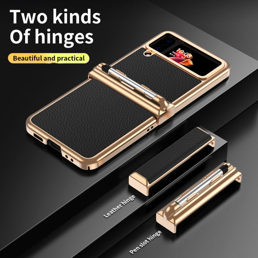 For Samsung Galaxy Z Flip4 Litchi Texture Leather Hinged Electroplated Phone Case with Pen(Black Gold) - Galaxy Z Flip4 5G Cases by buy2fix | Online Shopping UK | buy2fix