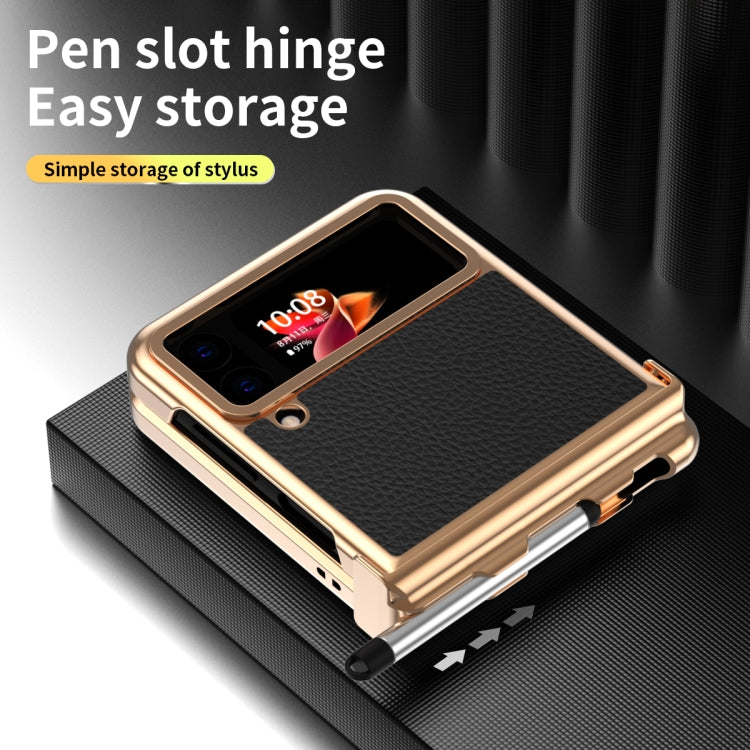 For Samsung Galaxy Z Flip4 Litchi Texture Leather Hinged Electroplated Phone Case with Pen(Black Gold) - Galaxy Z Flip4 5G Cases by buy2fix | Online Shopping UK | buy2fix