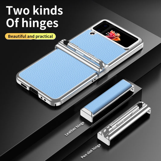 For Samsung Galaxy Z Flip4 Litchi Texture Leather Hinged Electroplated Phone Case with Pen(Silver Blue) - Galaxy Z Flip4 5G Cases by buy2fix | Online Shopping UK | buy2fix