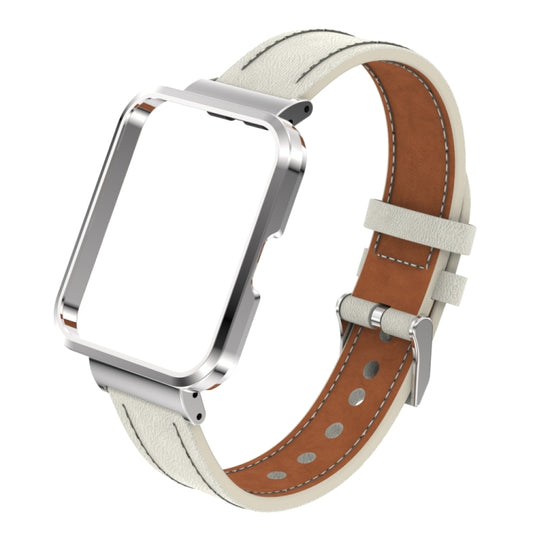 For Xiaomi Mi Watch Lite / Redmi Watch Genuine Leather Metal Case Integrated Watch Band(Warm White+Silver Case) by buy2fix