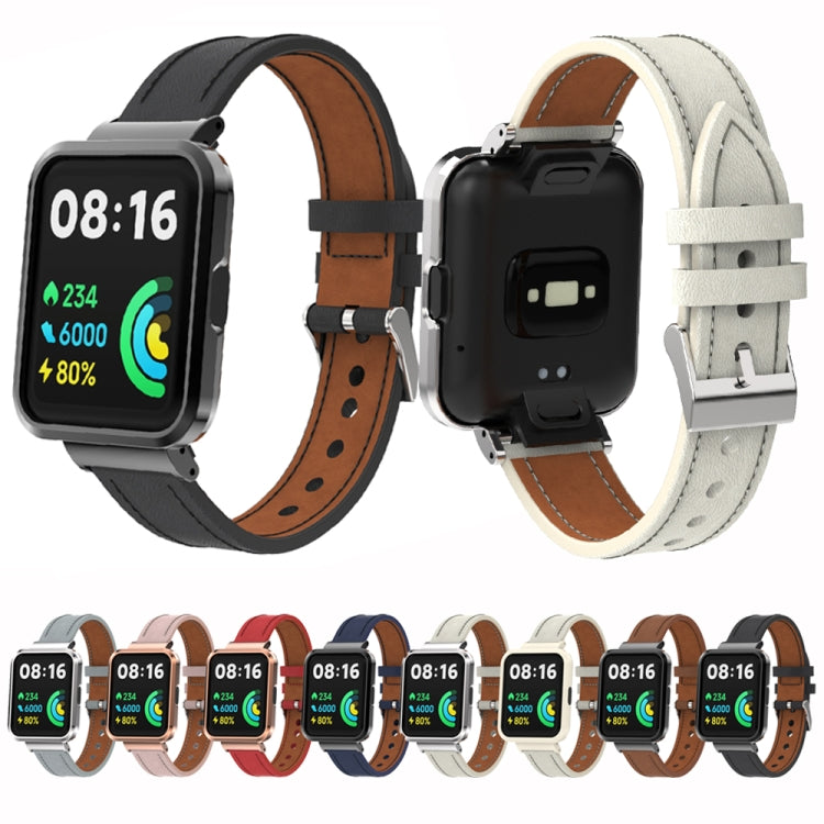 For Xiaomi Mi Watch Lite / Redmi Watch Genuine Leather Metal Case Integrated Watch Band(Warm White+Silver Case) by buy2fix