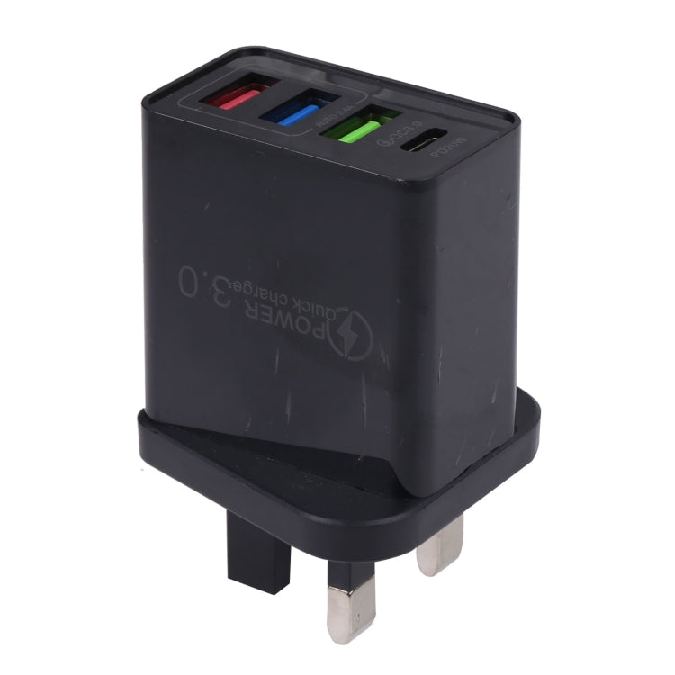 AR-2025 4 in 1 QC3.0 PD20W 3xUSB + USB-C / Type-C Wall Travel Charger, UK Plug(Black) - USB Charger by buy2fix | Online Shopping UK | buy2fix