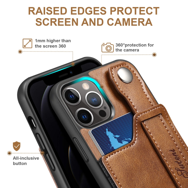 For iPhone 12 Pro Max Suteni 215 Wrist Strap PU Phone Case(Brown) - iPhone 12 Pro Max Cases by Suteni | Online Shopping UK | buy2fix