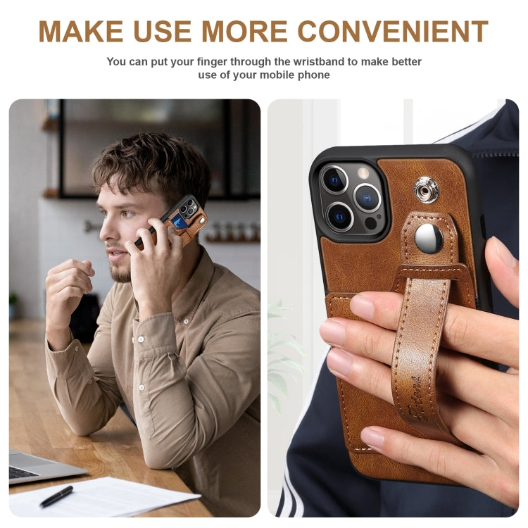 For iPhone 12 Pro Max Suteni 215 Wrist Strap PU Phone Case(Brown) - iPhone 12 Pro Max Cases by Suteni | Online Shopping UK | buy2fix
