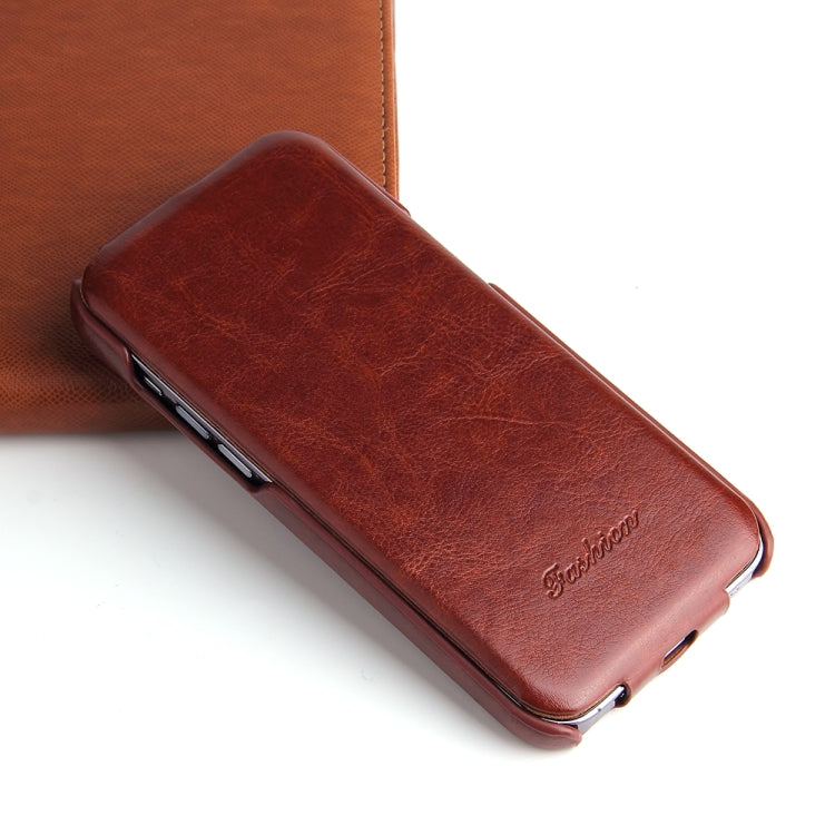 For iPhone 14 Fierre Shann Oil Wax Texture Vertical Flip PU Phone Case (Brown) - iPhone 14 Cases by FIERRE SHANN | Online Shopping UK | buy2fix