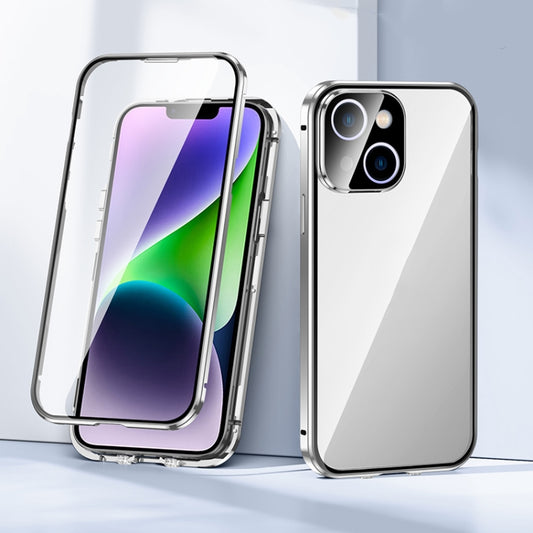 For iPhone 14 Plus Magnetic Double-buckle HD Tempered Glass Phone Case (Silver) - iPhone 14 Plus Cases by buy2fix | Online Shopping UK | buy2fix