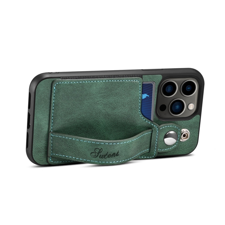 For iPhone 14 Pro Max Suteni 215 Wrist Strap PU Phone Case(Green) - iPhone 14 Pro Max Cases by Suteni | Online Shopping UK | buy2fix
