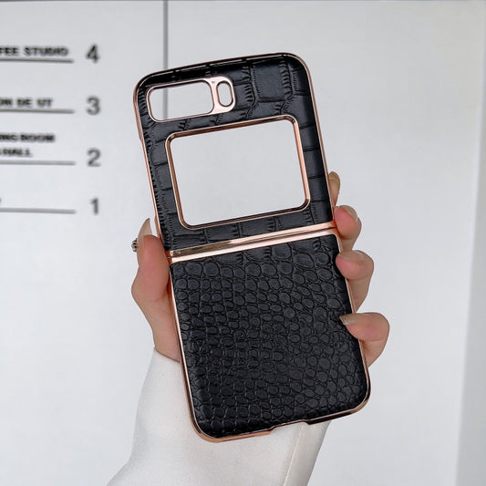 For Motorola Moto Razr 2022 Crocodile Texture Genuine Leather Nano Electroplating Phone Case(Black) by buy2fix