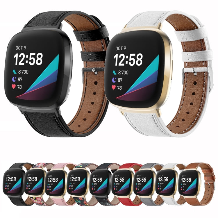 For Fitbit Versa 4 / Sense 2 Round Tail Genuine Leather Watch Band(Black Red Flower) by buy2fix