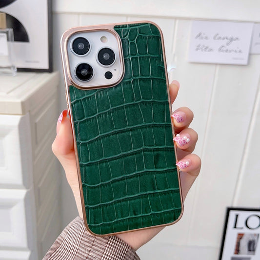For iPhone 14 Pro Max Nano Electroplating Crocodile Texture Genuine Leather Phone Case(Green) - iPhone 14 Pro Max Cases by buy2fix | Online Shopping UK | buy2fix