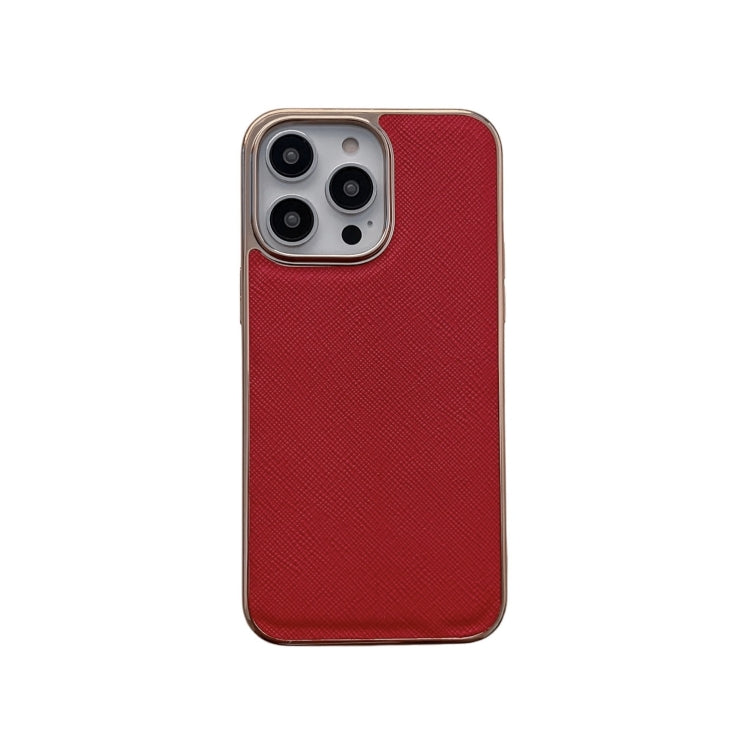 For iPhone 14 Pro Max Nano Electroplating Cross Texture Genuine Leather Phone Case(Red) - iPhone 14 Pro Max Cases by buy2fix | Online Shopping UK | buy2fix