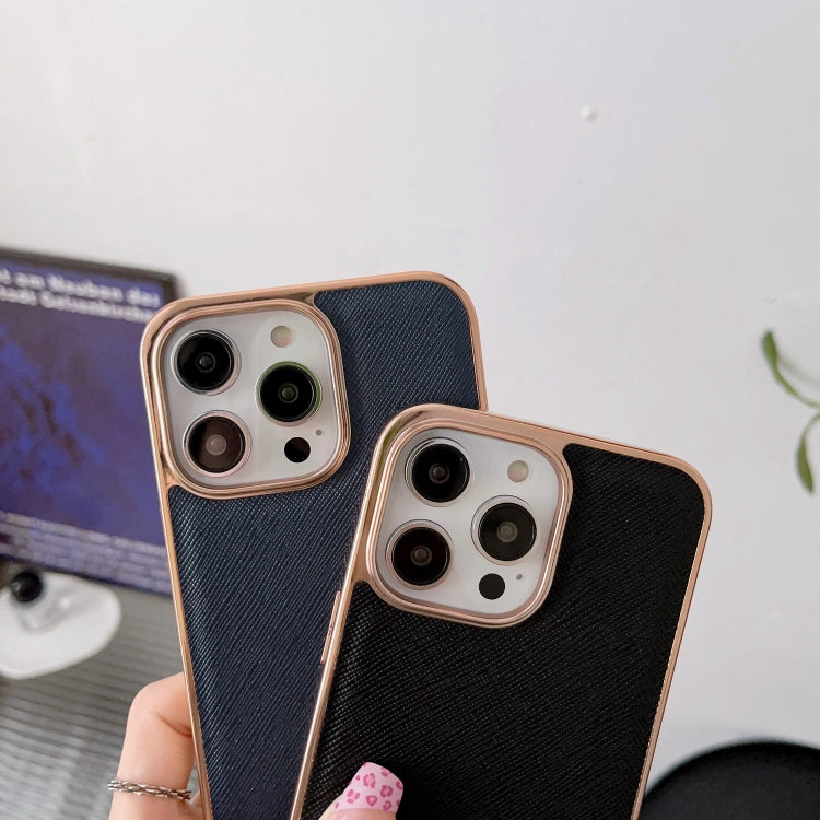 For iPhone 13 Pro Max Nano Electroplating Cross Texture Genuine Leather Phone Case(Black) - iPhone 13 Pro Max Cases by buy2fix | Online Shopping UK | buy2fix