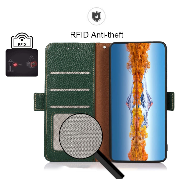 For Samsung Galaxy S23 5G KHAZNEH Side-Magnetic Litchi Genuine Leather RFID Phone Case(Green) - Galaxy S23 5G Cases by buy2fix | Online Shopping UK | buy2fix