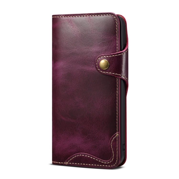 For iPhone 14 Denior Oil Wax Cowhide Magnetic Button Genuine Leather Case (Purple) - iPhone 14 Cases by Denior | Online Shopping UK | buy2fix