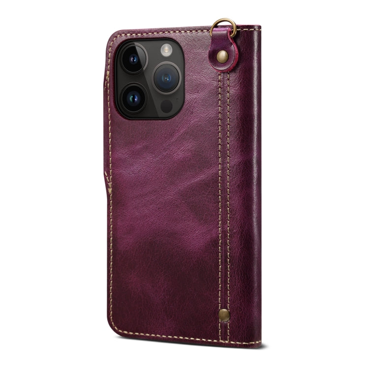For iPhone 14 Denior Oil Wax Cowhide Magnetic Button Genuine Leather Case (Purple) - iPhone 14 Cases by Denior | Online Shopping UK | buy2fix