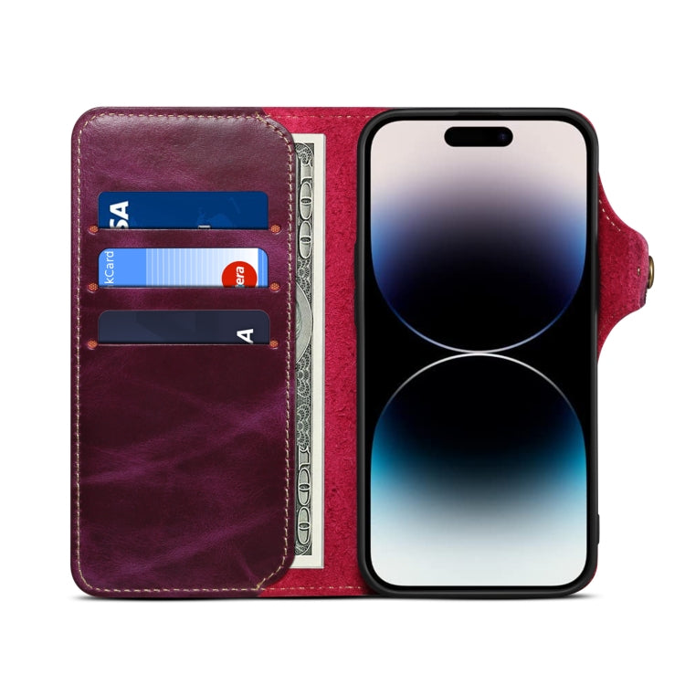 For iPhone 14 Denior Oil Wax Cowhide Magnetic Button Genuine Leather Case (Purple) - iPhone 14 Cases by Denior | Online Shopping UK | buy2fix