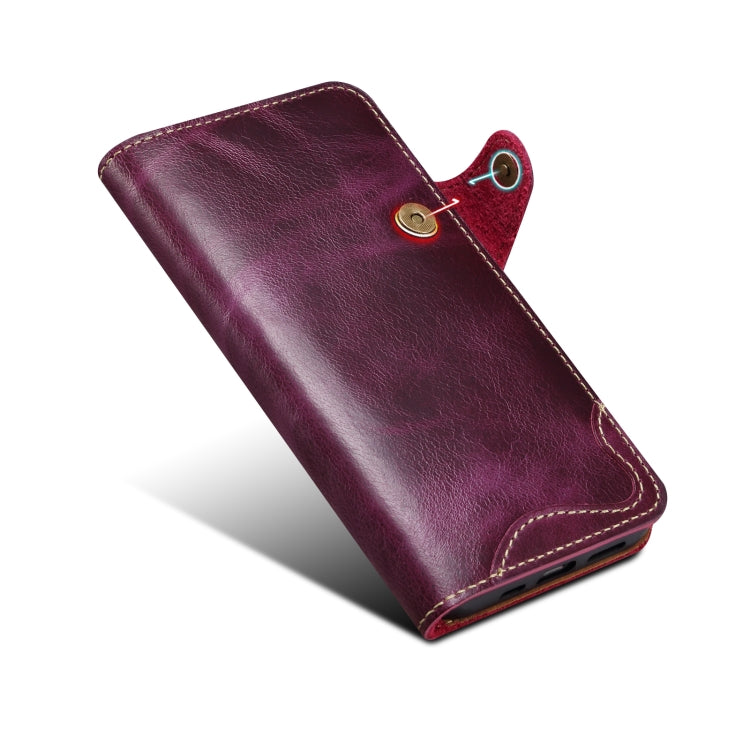 For iPhone 14 Denior Oil Wax Cowhide Magnetic Button Genuine Leather Case (Purple) - iPhone 14 Cases by Denior | Online Shopping UK | buy2fix