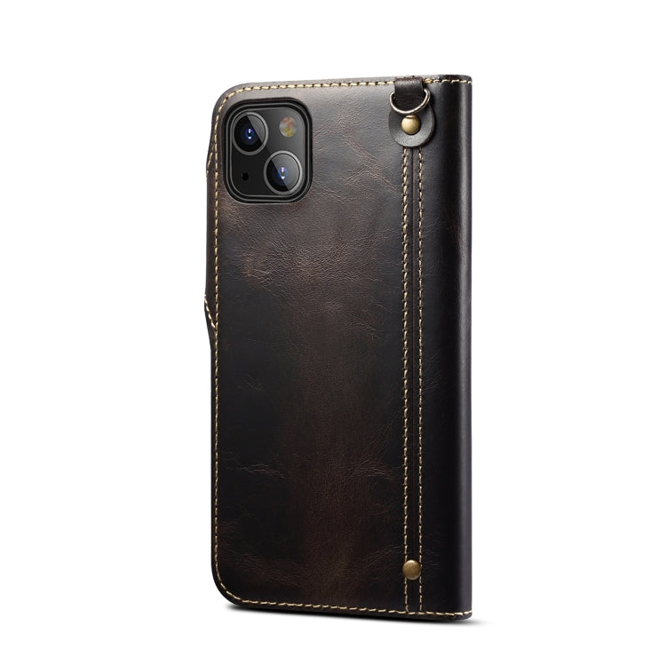 For iPhone 14 Plus Denior Oil Wax Cowhide Magnetic Button Genuine Leather Case(Black) - iPhone 14 Plus Cases by Denior | Online Shopping UK | buy2fix