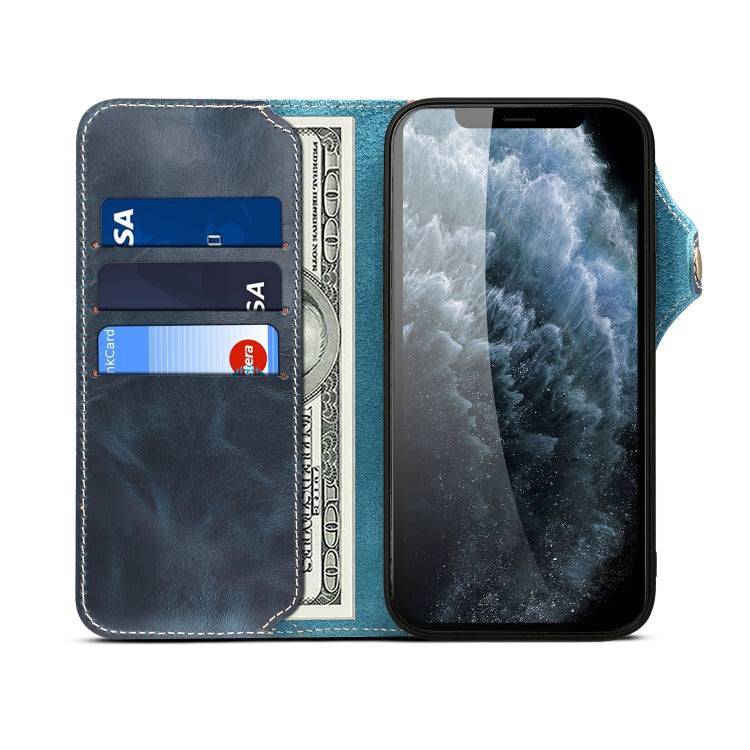 For iPhone 14 Plus Denior Oil Wax Cowhide Magnetic Button Genuine Leather Case(Dark Blue) - iPhone 14 Plus Cases by Denior | Online Shopping UK | buy2fix