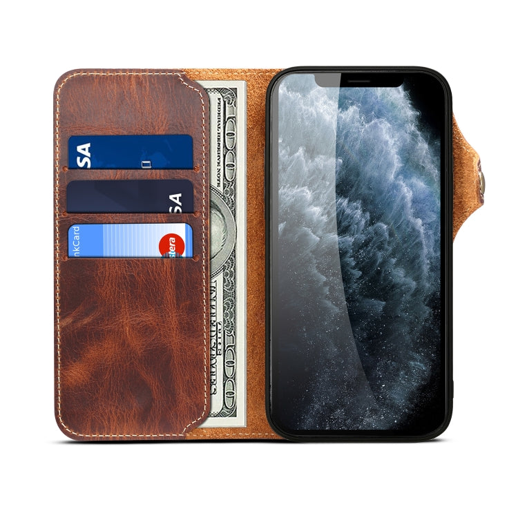 For iPhone 14 Plus Denior Oil Wax Cowhide Magnetic Button Genuine Leather Case(Brown) - iPhone 14 Plus Cases by Denior | Online Shopping UK | buy2fix