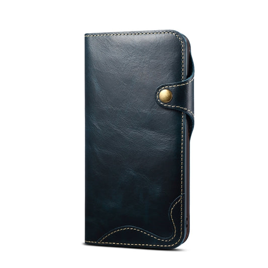 For iPhone 13 Pro Denior Oil Wax Cowhide Magnetic Button Genuine Leather Case(Dark Blue) - iPhone 13 Pro Cases by Denior | Online Shopping UK | buy2fix
