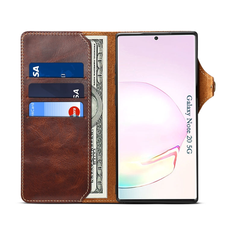 For Samsung Galaxy Note20 Ultra Denior Oil Wax Cowhide Magnetic Button Genuine Leather Case(Brown) - Galaxy Phone Cases by Denior | Online Shopping UK | buy2fix