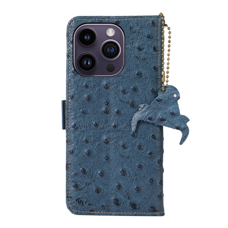 For iPhone 15 Pro Ostrich Pattern Genuine Leather RFID Phone Case(Blue) - iPhone 15 Pro Cases by buy2fix | Online Shopping UK | buy2fix