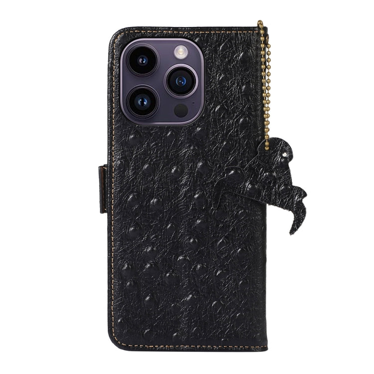 For iPhone 15 Pro Ostrich Pattern Genuine Leather RFID Phone Case(Black) - iPhone 15 Pro Cases by buy2fix | Online Shopping UK | buy2fix