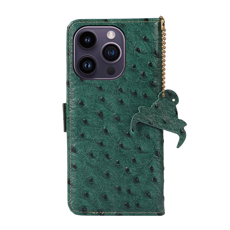 For iPhone 15 Pro Ostrich Pattern Genuine Leather RFID Phone Case(Green) - iPhone 15 Pro Cases by buy2fix | Online Shopping UK | buy2fix