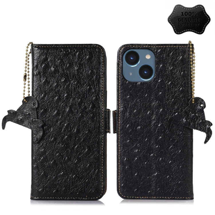 For iPhone 15 Ostrich Pattern Genuine Leather RFID Phone Case(Black) - iPhone 15 Cases by buy2fix | Online Shopping UK | buy2fix