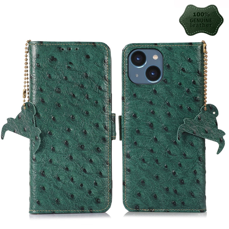 For iPhone 15 Ostrich Pattern Genuine Leather RFID Phone Case(Green) - iPhone 15 Cases by buy2fix | Online Shopping UK | buy2fix
