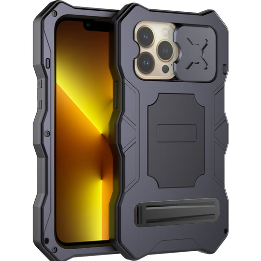 For iPhone 14 Pro Life Waterproof Camshield Tri-poof Metal Phone Case with Holder(Black) - iPhone 14 Pro Cases by buy2fix | Online Shopping UK | buy2fix