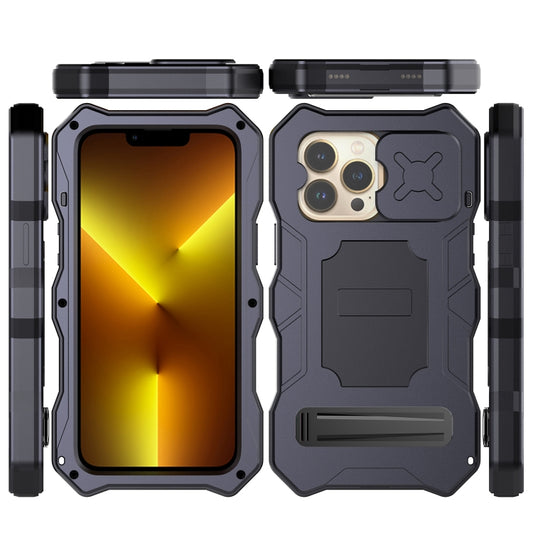 For iPhone 14 Pro Life Waterproof Camshield Tri-poof Metal Phone Case with Holder(Black) - iPhone 14 Pro Cases by buy2fix | Online Shopping UK | buy2fix