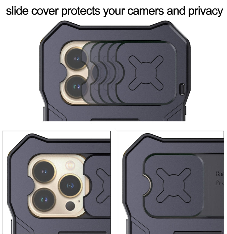 For iPhone 14 Pro Life Waterproof Camshield Tri-poof Metal Phone Case with Holder(Black) - iPhone 14 Pro Cases by buy2fix | Online Shopping UK | buy2fix