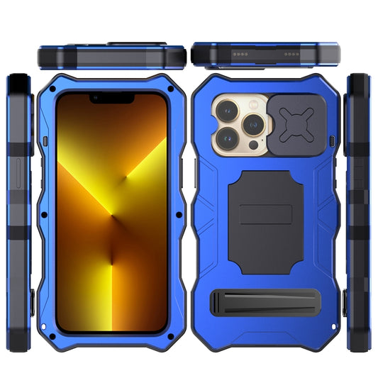 For iPhone 14 Pro Life Waterproof Camshield Tri-poof Metal Phone Case with Holder(Blue) - iPhone 14 Pro Cases by buy2fix | Online Shopping UK | buy2fix