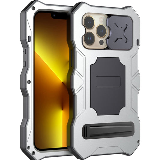 For iPhone 14 Pro Life Waterproof Camshield Tri-poof Metal Phone Case with Holder(Silver) - iPhone 14 Pro Cases by buy2fix | Online Shopping UK | buy2fix